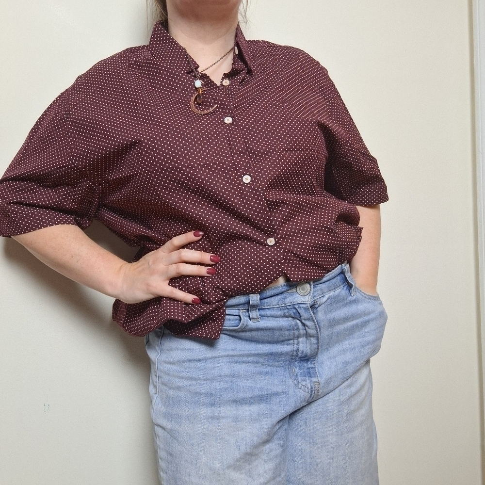Denim & Flower Maroon & White Dotted Short Sleeve Slim Fit Button Up Shirt Med